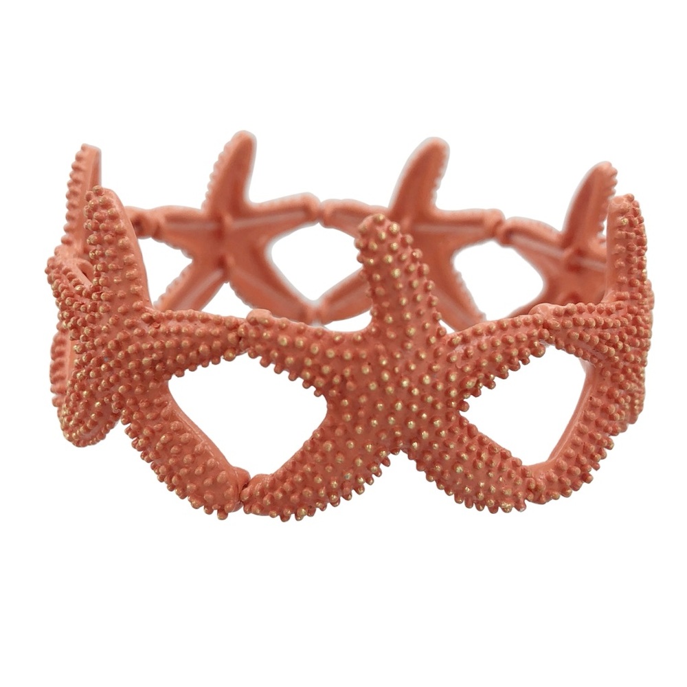 Coral Orange Starfish Beach Theme Painted Metal Stretch Bracelet